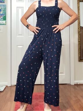 Kaileigh Navy Smocked Wide-Leg Jumpsuit with Orange & White Motif